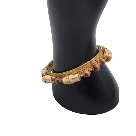 Miriam Haskell Rare Hinged Clamper Bangle Bracelet Resin Bamboo Wood Beads 6.5" - Picture 5 of 14